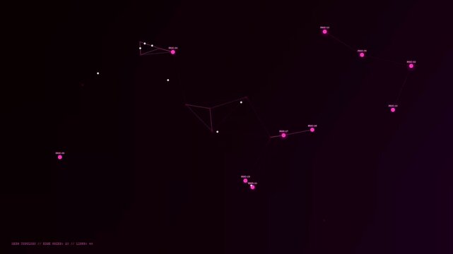 A dynamic digital visualization illustrating complex edge data processing through glowing magenta nodes and intricate linked arrays moving across a dark abstract space for telecommunications.