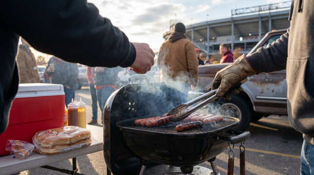 Hands grilling hotdogs at a tailgate party in a parking lot  