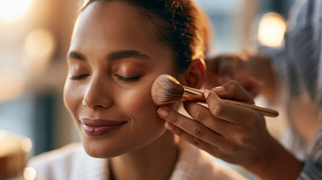 Bright cropped shot of professional hands applying highlighter with a fluffy brush along a woman cheekbone face beyond frame faceless composition glamour makeup beauty salon