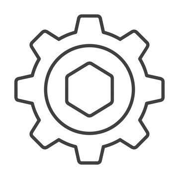 Single black mechanical cogwheel icon with symmetrical gear teeth and central hexagonal hole isolated on white background industrial technology concept