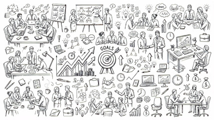 Fototapeta premium Hand draw business meeting and office teamwork doodle elements set