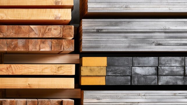 Wood planks and timber beams stacking, creating a textured pattern with untreated gray boards, squared lumber, and distinct yellow-painted wood blocks contrast