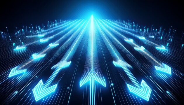 high tech directional arrows with pixelated light effects and glowing blue trails converging into a sleek futuristic design on dark backdrop