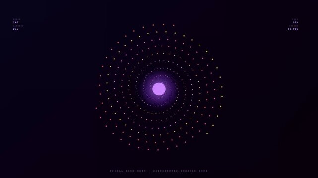 This futuristic visualization of edge data processing shows particles spiraling into a central glowing core representing a secure distributed cloud computing network for modern digital infrastructure