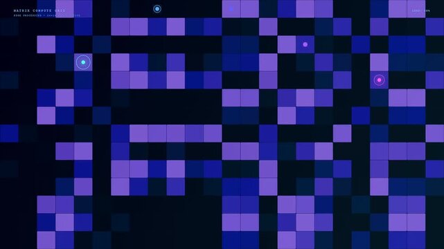Detailed visualization showcasing edge data processing through shifting purple and blue blocks that blink across a dark digital screen symbolizing advanced cloud computing networks.