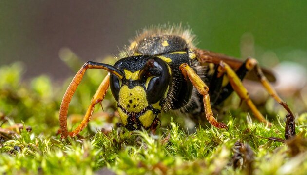 Close-up of a yellowjacket wasp on green moss, detailed macro.