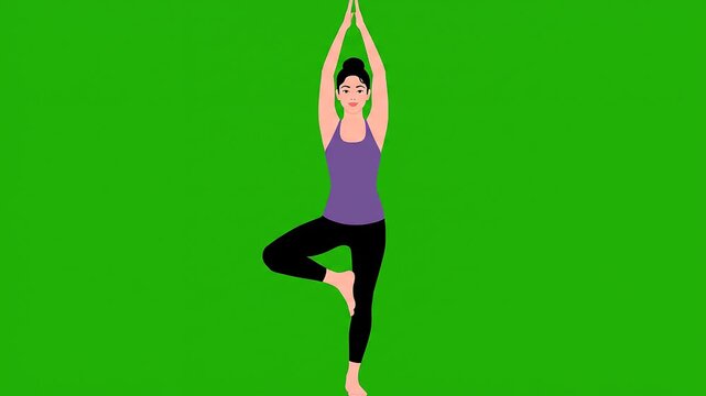 Vector Yoga Instructor Performing Tree Pose on Solid Chroma Key Green Screen Background Seamless Loop
