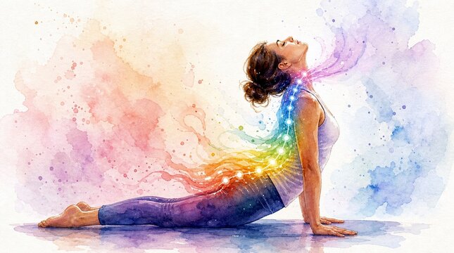 Woman performing yoga with glowing chakra energy