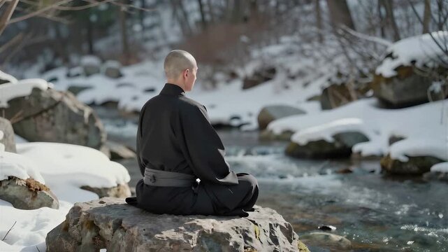 Japanese Buddhist Monk Meditating on Rock near River in Mountain on a Snowy day, Copy space on the right, Back view, 4K, Seamless loop