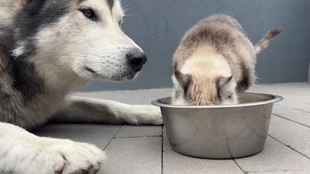 A dog and a cat eat from the same bowl on a porch. The cat leans in closely while the dog watches. They enjoy this time together.