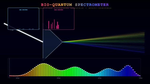 This advanced Biotech Quantum Computing interface displays a moving light beam through a prism while visualizing complex molecular spectral data and colorful frequency analysis bars.