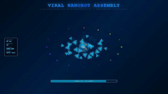Innovative Biotech Quantum Computing interface displays the digital construction of synthetic nanobots in a scientific environment as complex microscopic data points assemble into a precise structure