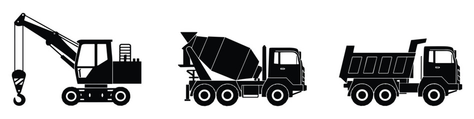 Set of construction machinery silhouettes including crane cement mixer and dump truck icons with heavy duty construction machinery industrial © VectorVibe Studio