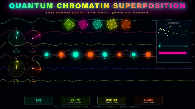 Visualizing intricate biotech quantum computing concepts with glowing data streams, digital spheres, and complex wave forms in a futuristic laboratory setting.