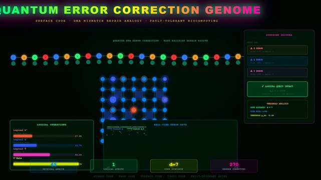 Innovative Biotech Quantum Computing interface showing a digital diagnostic process of error correction within a complex genomic data structure set against a dark virtual monitor background