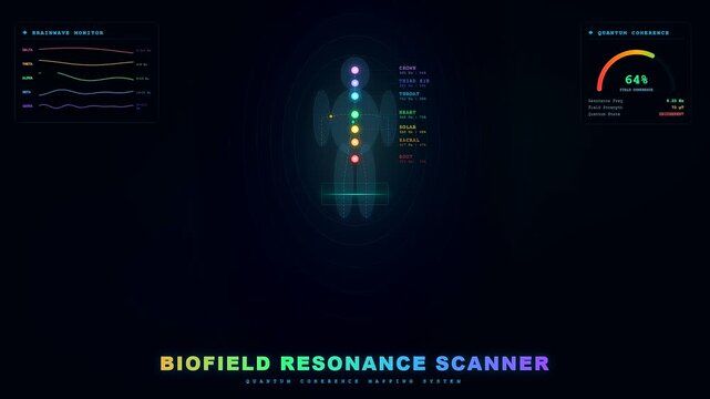 A digital Biotech Quantum Computing interface displays real time biofield energy resonance metrics as the holographic human model pulses with fluctuating data and glowing chakra points