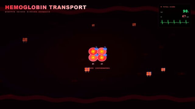 A detailed medical simulation leveraging biotech quantum computing depicts oxygen molecules binding to hemoglobin while real time vital signs monitor physiological data on a dark background
