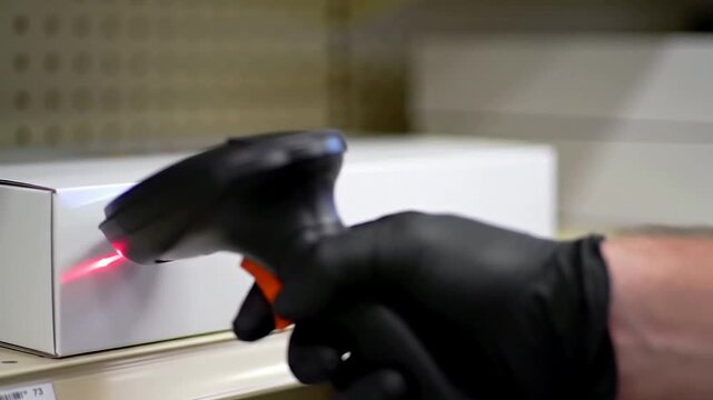 Close-Up Shot of Handheld Retail Barcode Scanner Emitting Red Laser Beam for Scanning Process in Modern Retail Environment