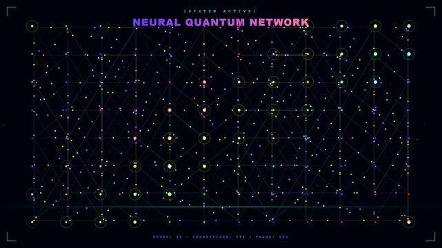 A complex Biotech Quantum Computing visualization displays nodes and data points forming a digital network interface that evolves through rapid processing cycles within a dark laboratory environment