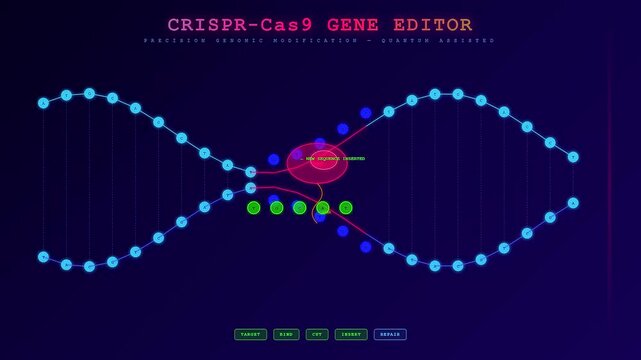 Biotech Quantum Computing interface illustrates the complex process of DNA sequence editing as the Cas9 protein complex targets binds cuts and inserts new genetic information blocks