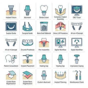 Different elements related to dental implants are displayed. These include fixtures and guides used in oral surgery.