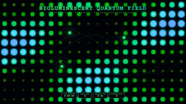 Innovative Biotech Quantum Computing interface displays glowing digital nodes and data streams that pulse with rhythmic light patterns across a deep black dark abstract technological backdrop