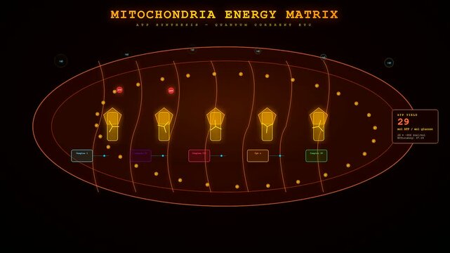 A sophisticated Biotech Quantum Computing simulation displays active mitochondrial energy pathways with glowing orange particles flowing through a digital matrix of cellular organelles in motion.