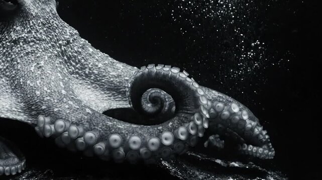 Close-up of Octopus Tentacles with Suckers Underwater, Bubbles and Dark Background