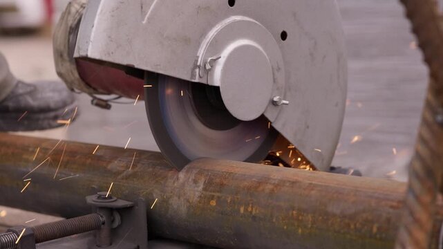 Cutting steel pipe with abrasive saw during construction work