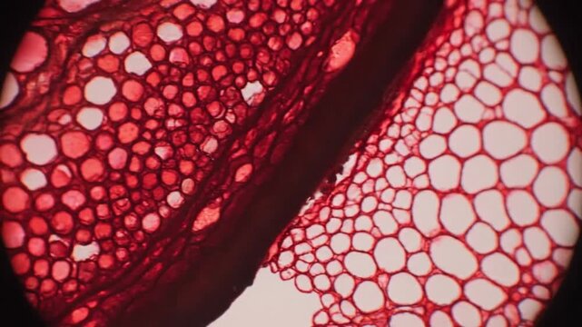 Microscopic view of plant stem tissue cross section showing cellular structure and vascular bundle development for botanical biology research