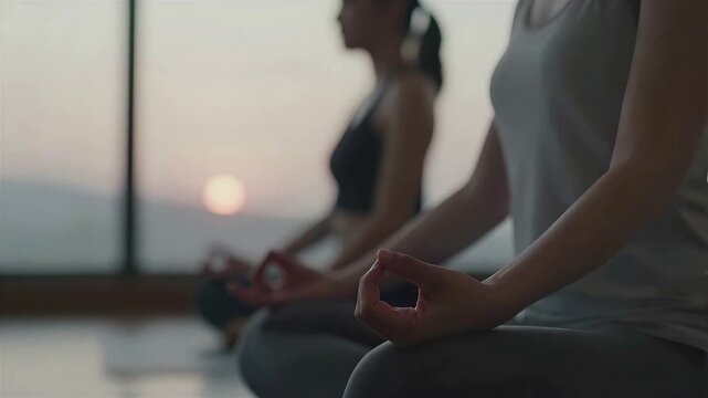A woman doing zazen meditation, Close-up of hands forming a meditation mudra gesture in a lap with a soft blurred background, 4K, Seamless loop, Copy space on the left