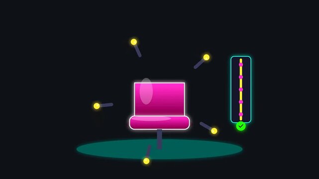 a magenta office seat demonstrates cognitive ergonomics through changing spinal posture alignment which visualizes workspace productivity in a smooth three stage digital animation cycle sequence