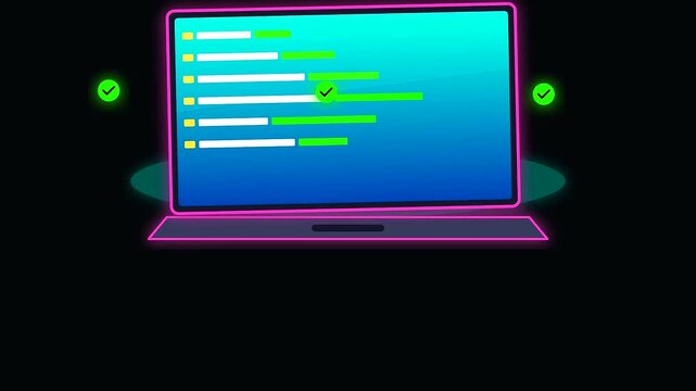 Neon illuminated laptop screens demonstrate workspace productivity and cognitive ergonomics through a progression of digital interface development cycles isolated against a deep black void setting