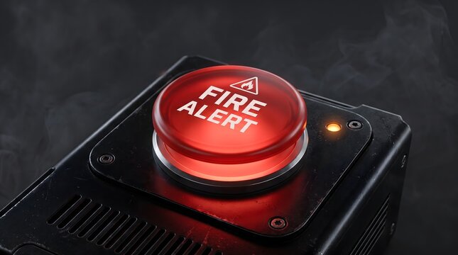 Glowing red fire alert emergency push button with smoke overlay symbolizing industrial crisis management and hazard response systems