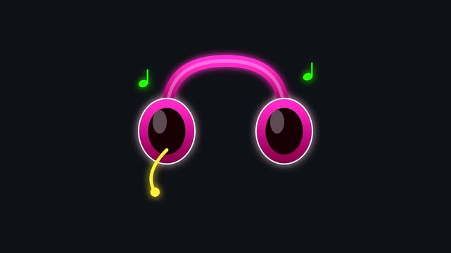 Neon headset iconography illustrating workspace productivity and cognitive ergonomics through a rhythmic pulsing light cycle that transitions into floating musical notes on a dark matte surface