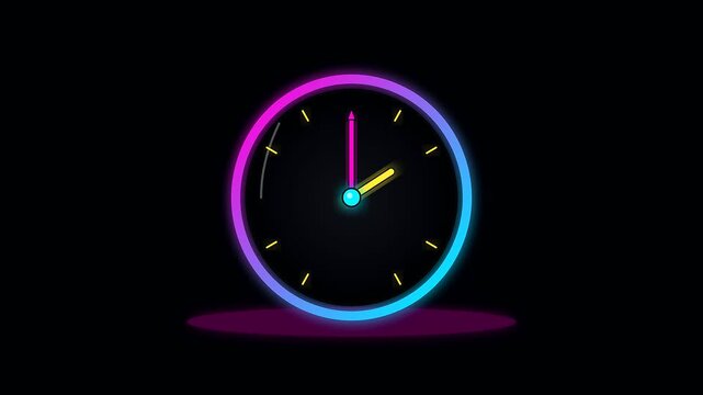 Neon analog clock hands move swiftly showing workspace productivity and cognitive ergonomics through a digital progression that measures passing seconds on a dark circular interface graphic animation
