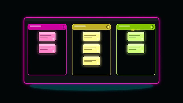 Digital project board animation showing workflow stages with workspace productivity icons while navigating cognitive ergonomics via moving tasks across interface panels in a dark neon aesthetic