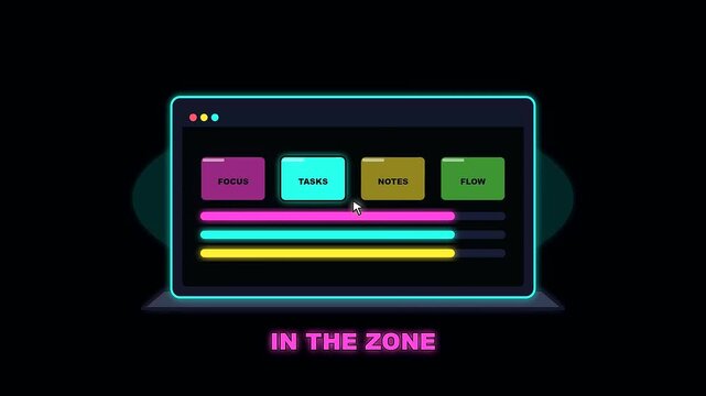 Digital interface showing workspace productivity and cognitive ergonomics through dynamic color coded task bars activating in sequence across a sleek minimalist desktop screen software display
