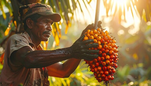 Indonesian Farmer Harvesting Fresh Palm Oil Fruit Bunch with Egrek