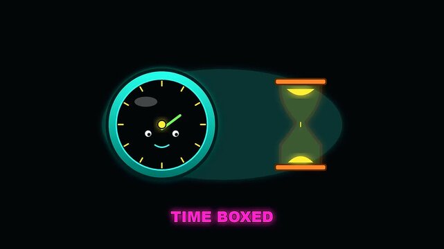a flat graphic animation showing an hourglass sand flow cycle for workspace productivity and cognitive ergonomics inside a bright digital clock interface against black