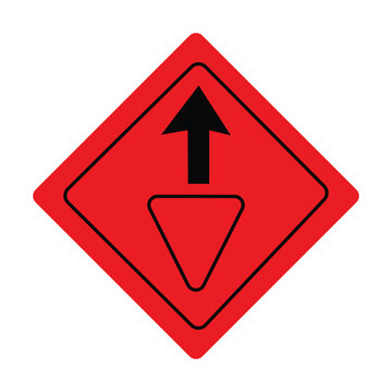 Red diamond shaped road sign with black arrow symbol pointing up and inverted triangle icon