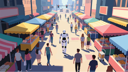 Obraz premium Humanoid robot walking through a bustling outdoor market street colorful stalls and people.