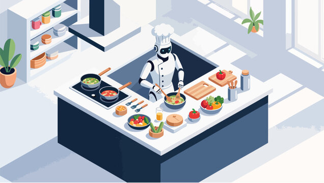 Pixel of a white robot chef cooking food in a bright kitchen setting.