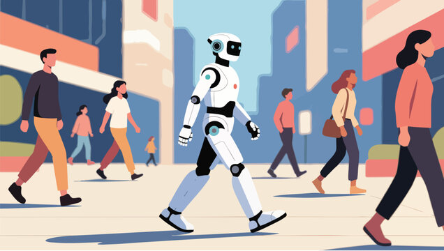 Pixel style of a white humanoid robot walking through a busy city street pedestrians.