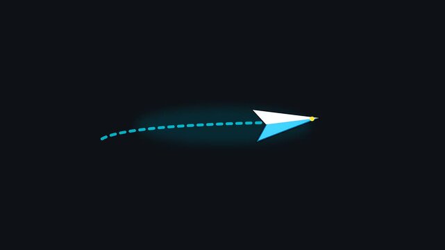 A glowing paper airplane moves across a dark screen demonstrating workspace productivity and cognitive ergonomics through fluid motion and sharp visual elements that suggest efficient digital progress