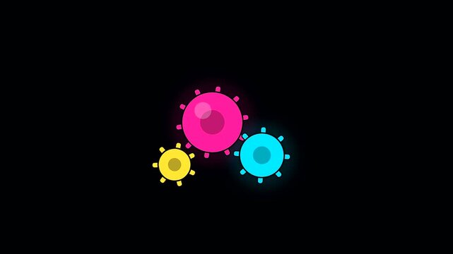 Neon mechanical gears rotate in a seamless motion sequence to demonstrate workspace productivity through cognitive ergonomics within a dynamic and sleek graphical user interface design