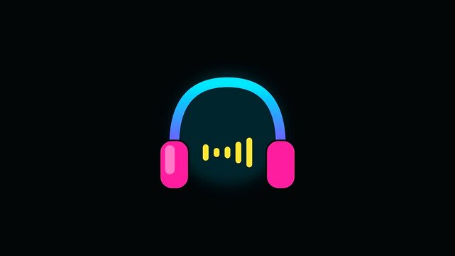 Neon headphone icons display rhythmic light patterns to improve workspace productivity while emphasizing cognitive ergonomics through sleek vibrant digital symbols set against a pitch dark void