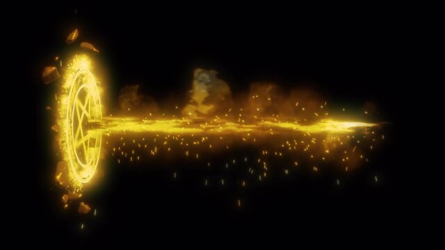 Golden Orange Pentagram Magic Circle with Floating Stones Firing Energy Beam, VFX MOV on Transparent Background with Alpha Channel