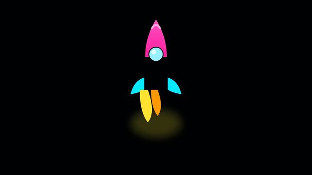 A vibrant cartoon rocket ship launching vertically through black void space as a metaphor for workspace productivity and cognitive ergonomics to accelerate modern business development progress