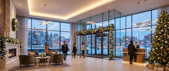 Fototapeta premium Modern lobby decorated for Christmas with festive lights, trees, and winter scenery outside